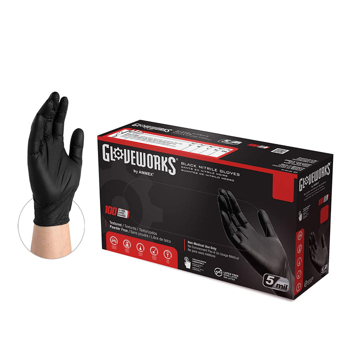 GlovePlus Industrial Black Nitrile Gloves, Box of 100, Latex free, Textured, Powder Free, Non-Sterile