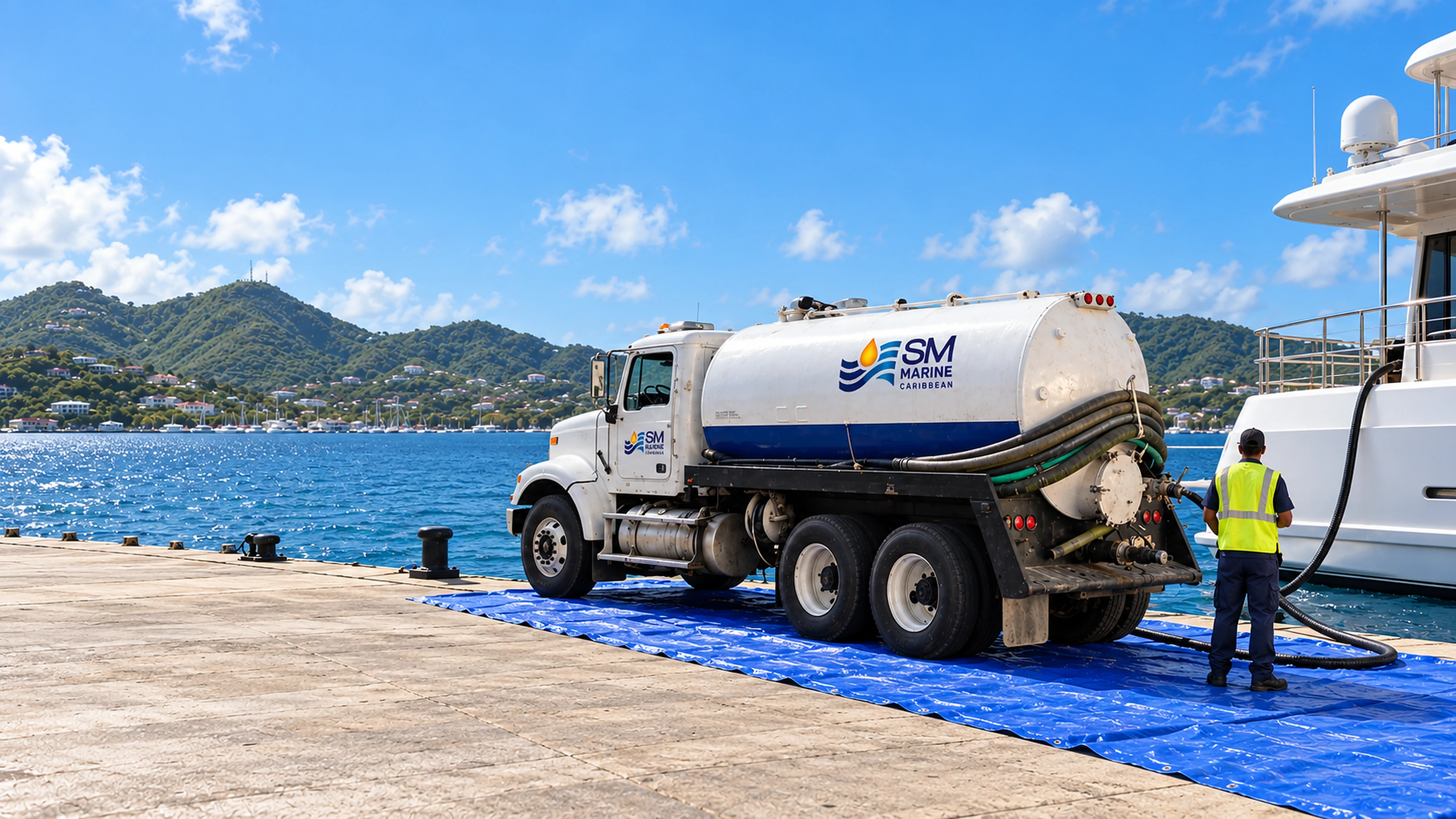 Illustration of a waste collection beside a yacht