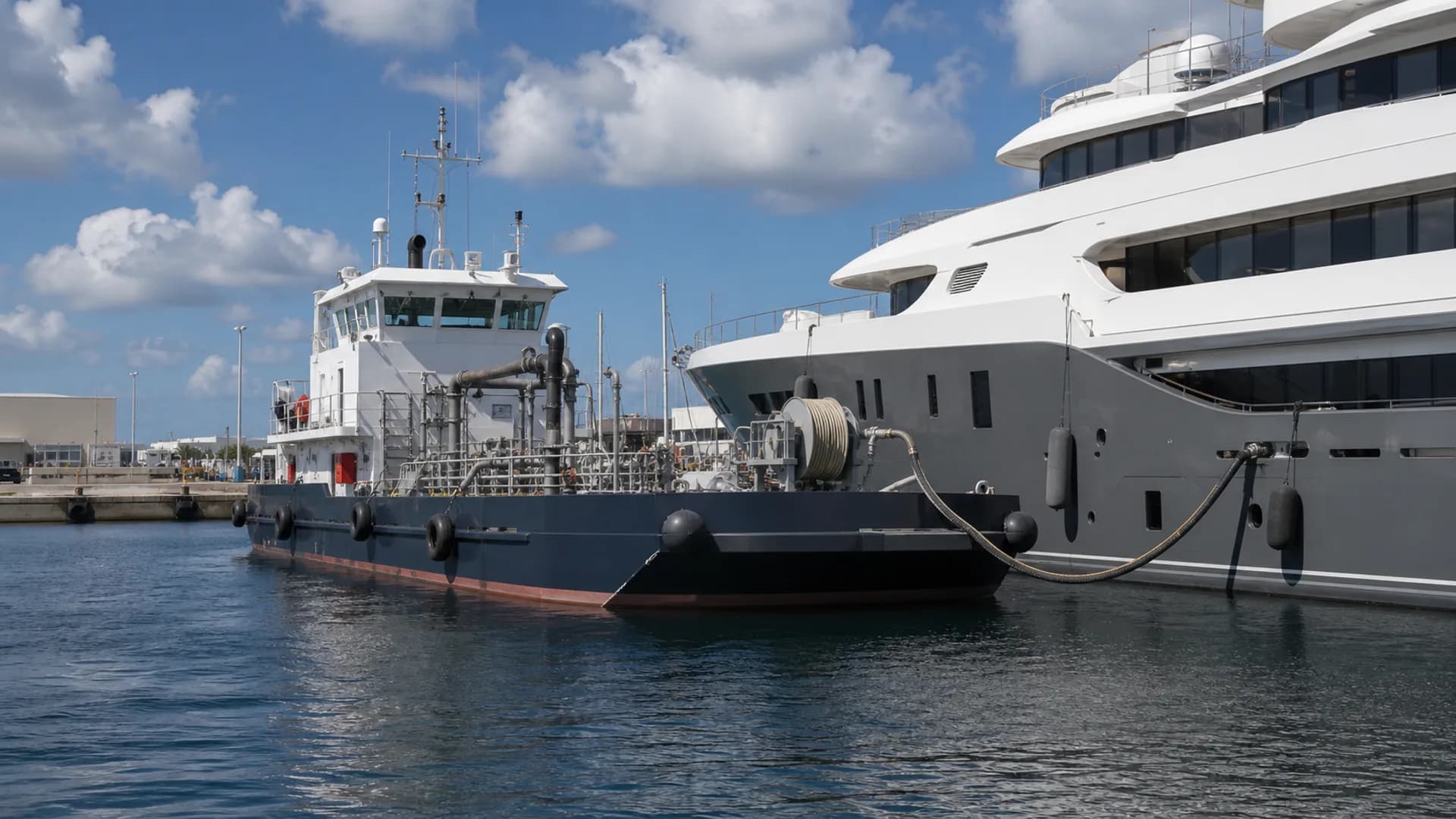 Illustration of a bunker vessel alongside a yacht