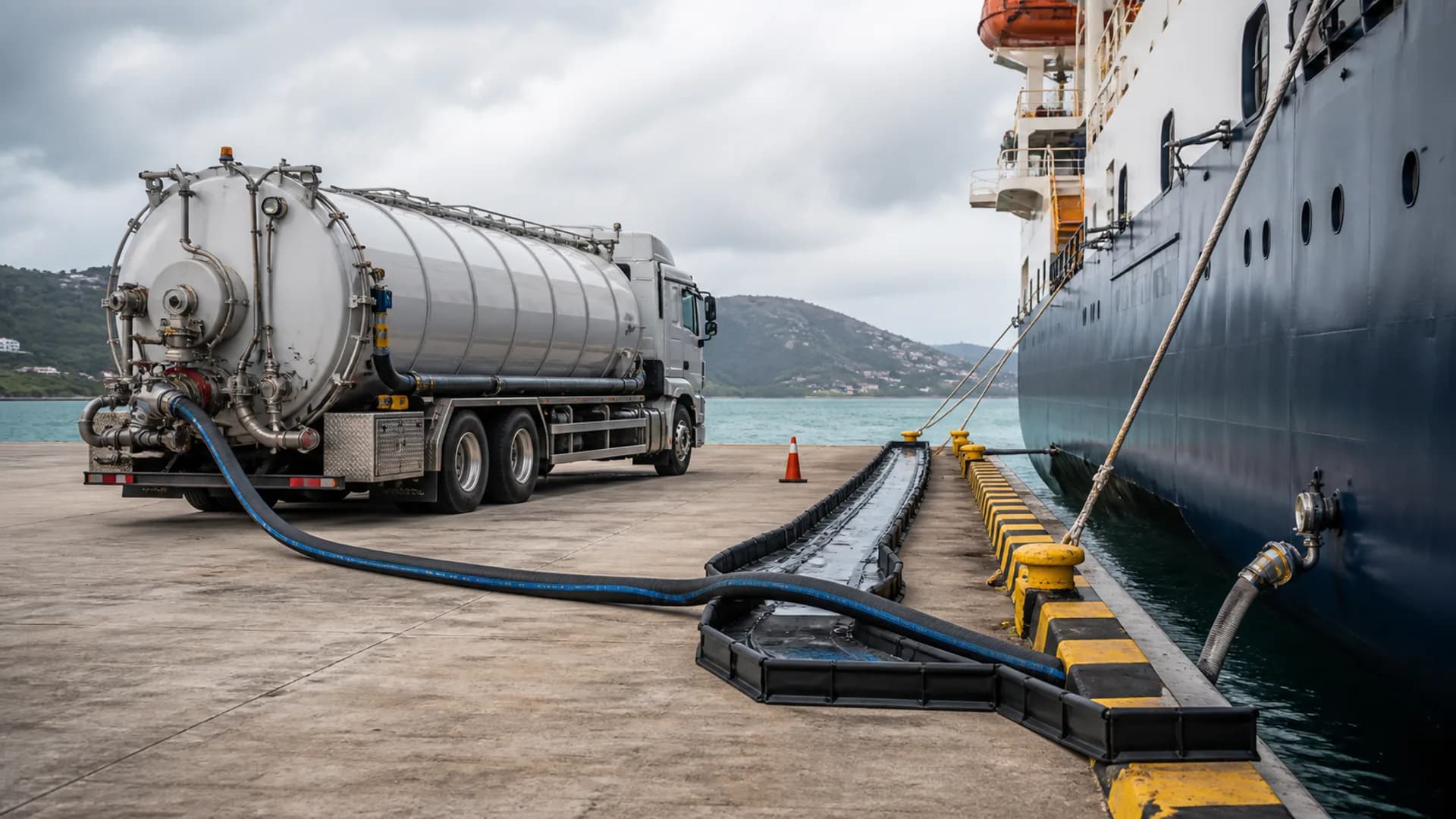 Illustration of a contained waste-removal setup beside a vessel