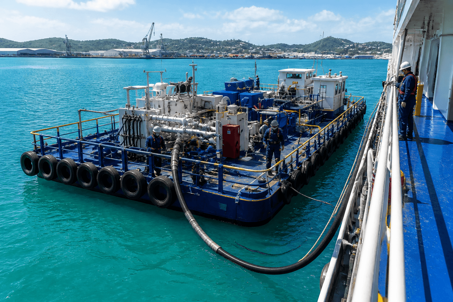 Illustrative bunker barge alongside a vessel in a Caribbean harbor